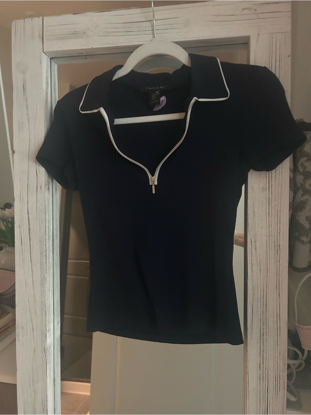 Tahari Black Short-Sleeve Polo Zip Top with White Piping